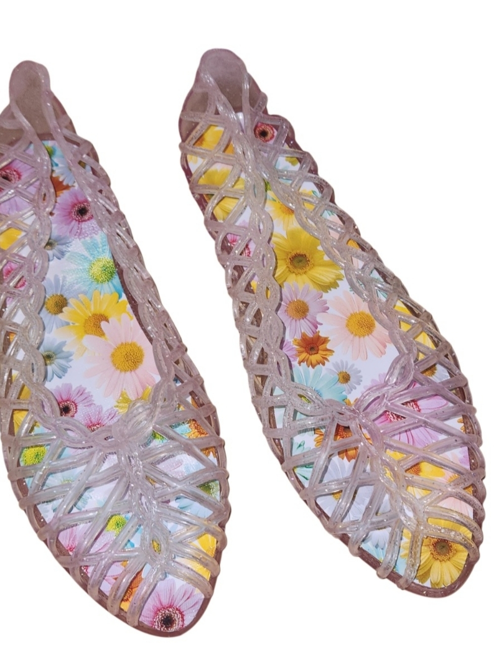 NWOB Clear Pink Jelly Flats with Floral Insole  Summer Beach Flats Boho Shoes